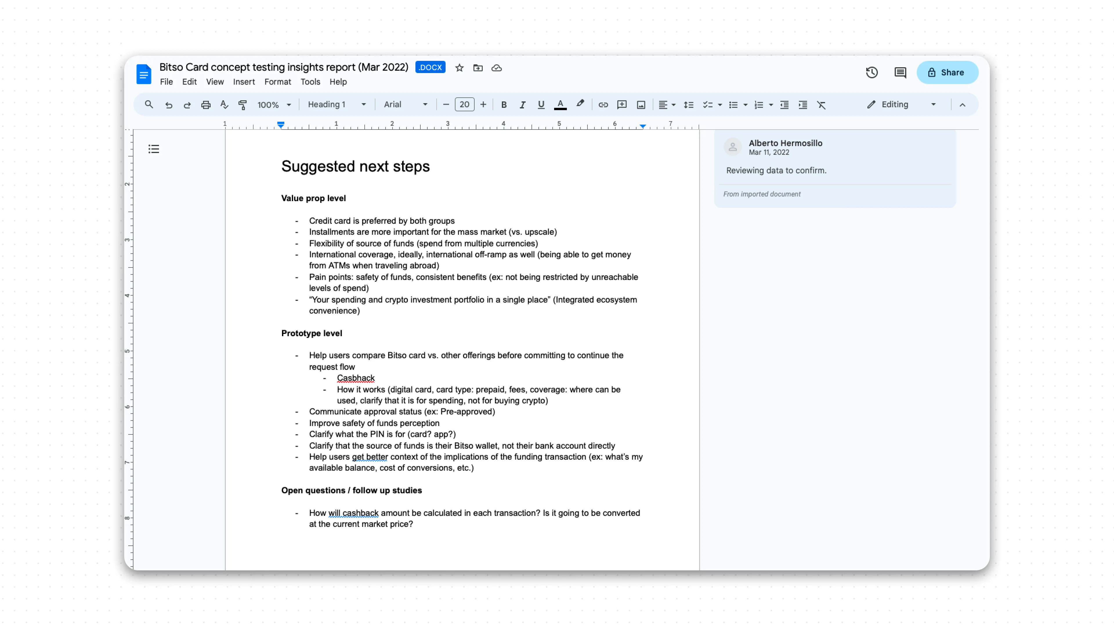 Sample of the recommendations doc after the set of interviews.